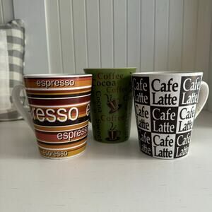 SET of 3 Coffee Themed Mugs Cups Drinkware Century & Mulberry Green Brown White